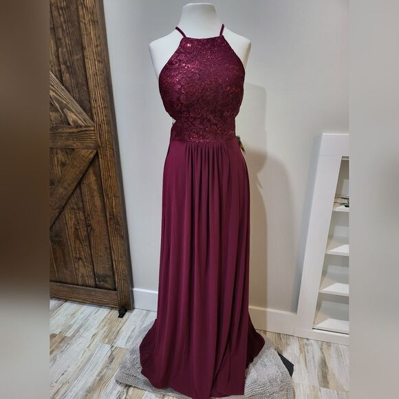 Morgan & Co size 7 Burgundy Strappy Back Sequin Lace Evening Dress NWOT - Picture 4 of 7